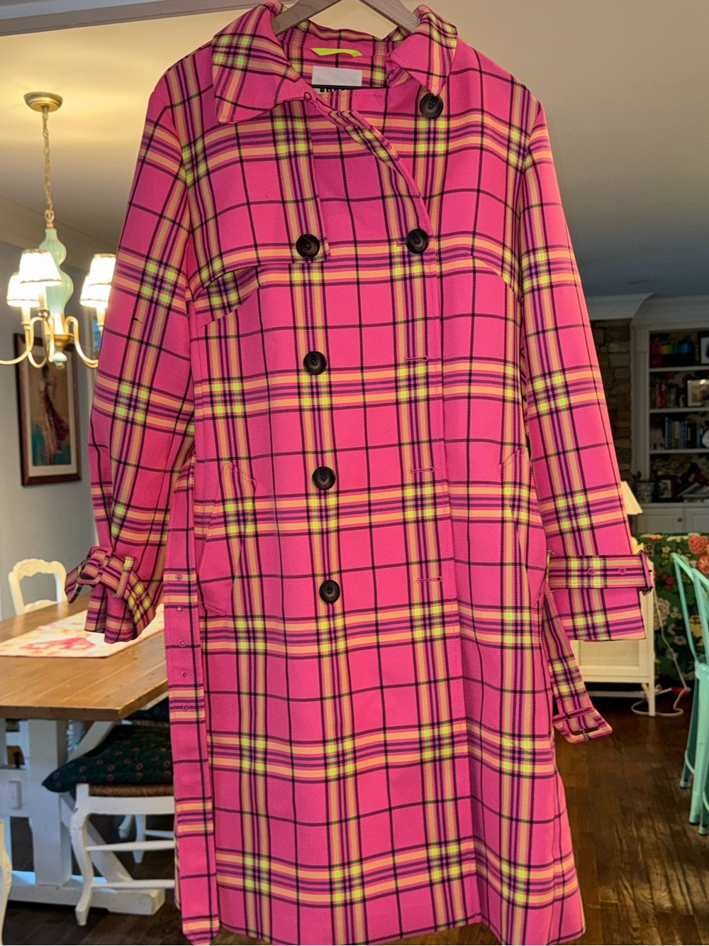 Boden Cheltenham Neon Pink Yellow Plaid Check Trench Coat Double Breasted